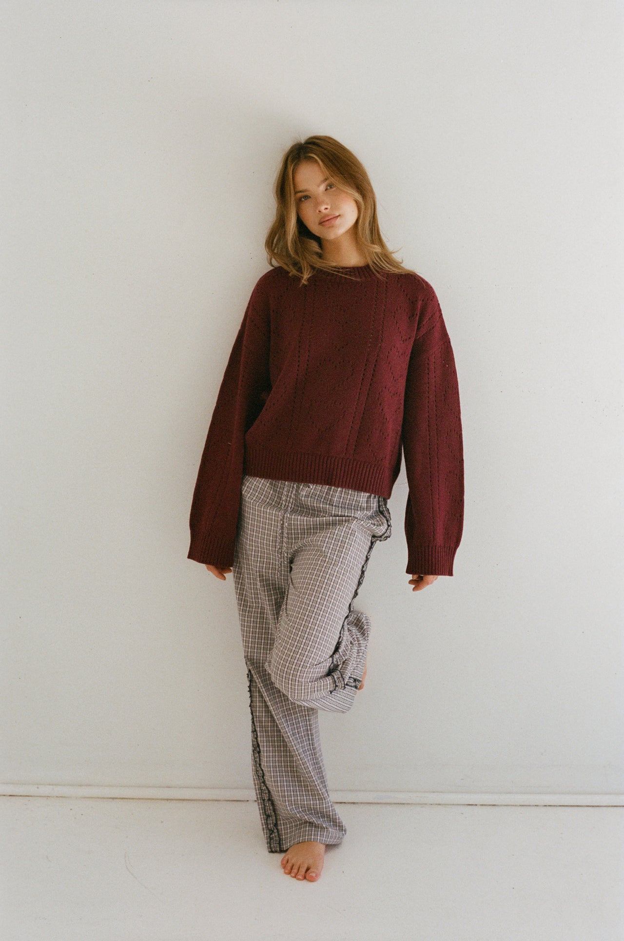 Heart Pointelle Knit Sweater - Burgundy