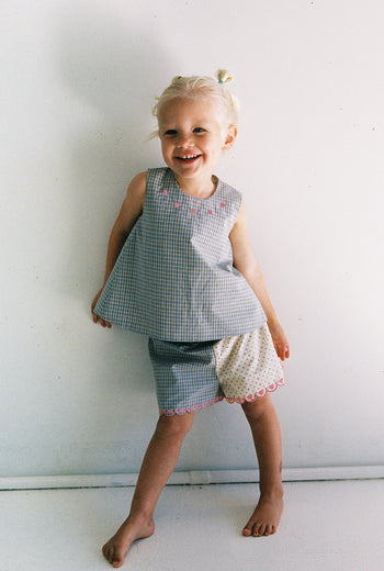 Della Top - Blue Check/Polka Dot