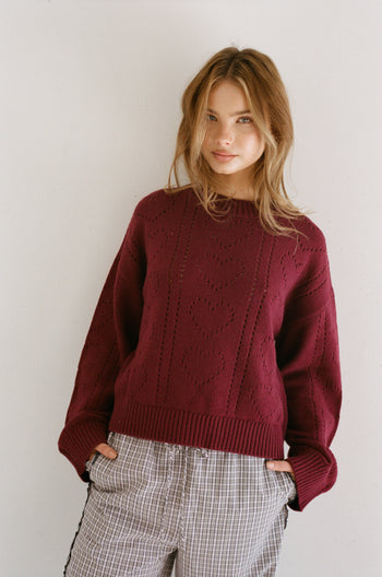 Heart Pointelle Knit Sweater - Burgundy
